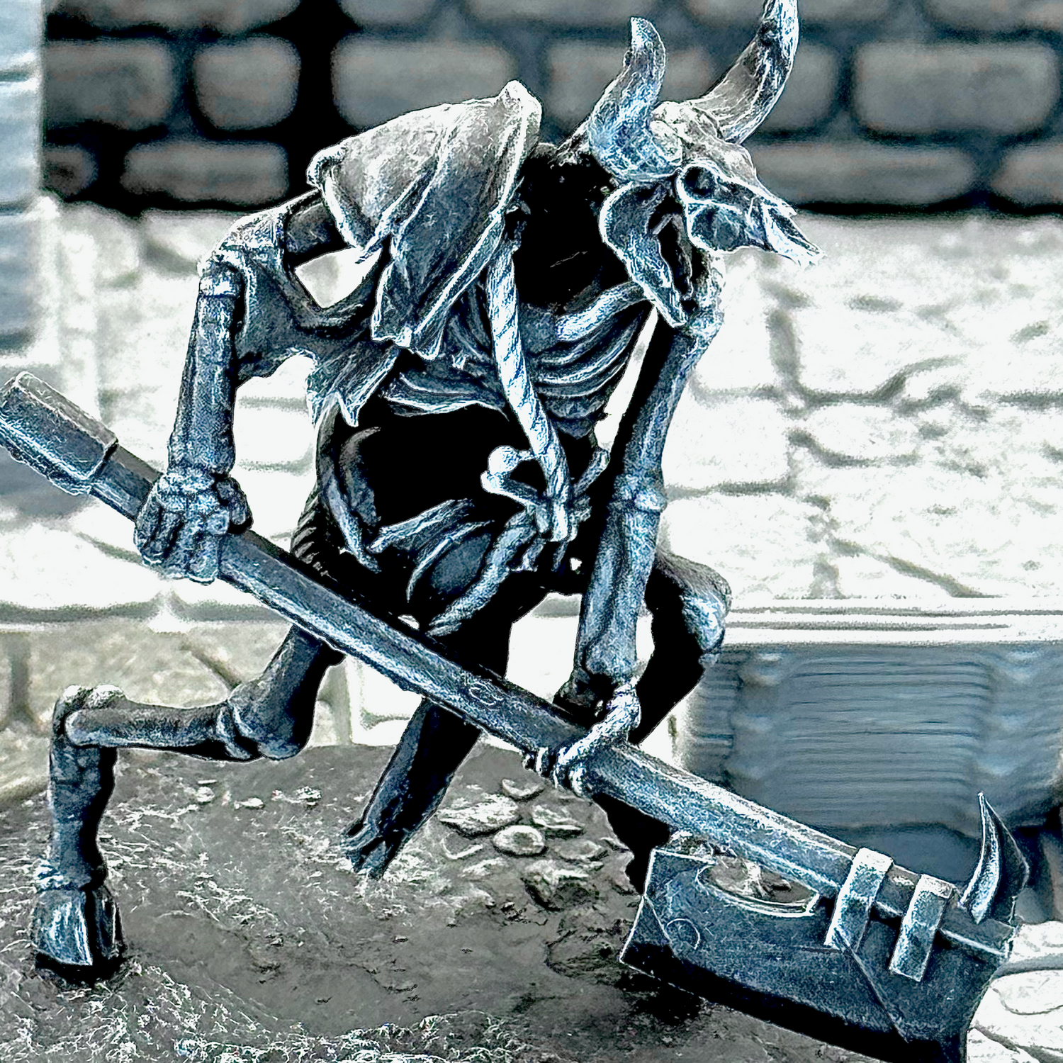 Metallic fantasy figurine on a round base with a dice and game pieces in the background